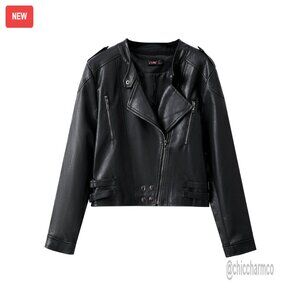 Faux Leather Moto Blazer Jacket Asymmetric Zip Up Loose Fit Biker Style